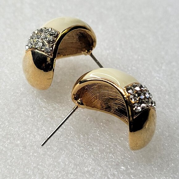 White And Gold Oval Earrings with Clear Crystals Small White Earrings - Picture 3 of 9